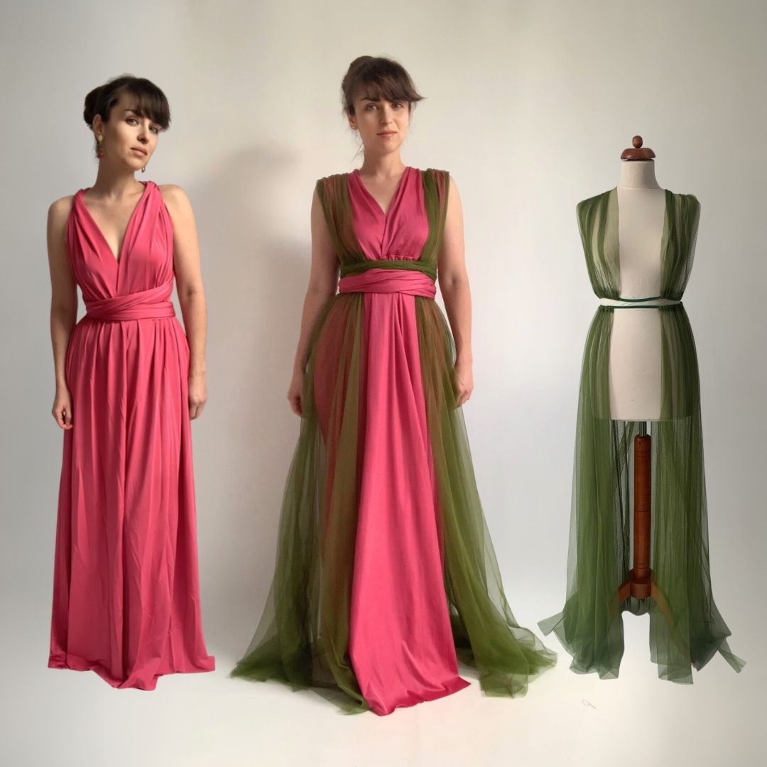 Magenta šaty a hráškově zelená tylovka